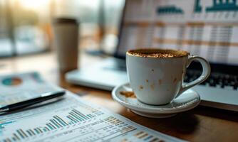 AI generated Coffee Cup Over Financial Documents Analysis. Close-up of a coffee cup on a saucer with blurred financial charts and a pen in the background, implying business analysis or morning market. photo