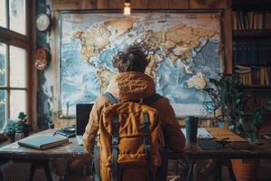 AI generated Backpacker Planning Trip with World Map. A traveler with a backpack gazes at a world map in a cozy room, planning the next adventure. photo
