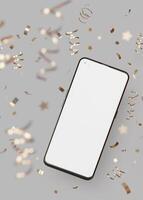 Modern smartphone mockup with blank screen surrounded by festive gold confetti, perfect for app promotion, celebration themes. Surprise, congratulations, holiday. Gray background. Vertical format. 3D. photo