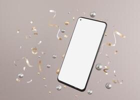 Elegant smartphone mockup with a blank screen floating amidst a celebratory backdrop of golden streamers and silver pearls, ideal for festive app launches. Surprise, congratulations, holiday. 3D. photo