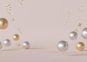 Empty scene with golden and silver spheres, stars, twisted ribbons. Beige background. Template for product, cosmetic presentation. Mock up. Backdrop with empty, copy space. Display, showcase. 3D. photo