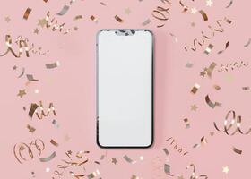 Modern smartphone mockup with blank screen surrounded by festive gold confetti, perfect for app promotion, celebration themes. Surprise, congratulations, holiday. Pink background. 3D. photo