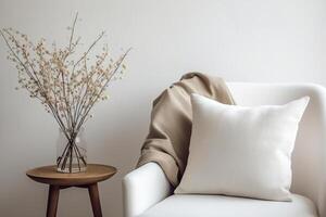 AI generated Cozy living room scene with a white square pillow. Blank cushion case template for your graphic design presentation. Pillow cover mock up for print, personalized illustration. Close-up. photo