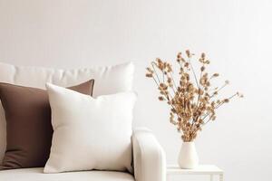 AI generated Cozy living room scene with white square pillow. Blank cushion case template for graphic design presentation. Pillow cover mockup for print, personalized illustration. Boho, minimalist. photo