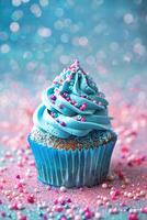 AI generated Vibrant blue cupcake sprinkled with colorful beads, perfect for baby shower invites, birthday cards, bakery ads, and celebration themes, with a dreamy bokeh background. Girl or boy. photo