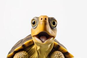 AI generated Cute, surprised turtle with large eyes on white background. Ideal for promotions, great deals or offers. Good price, Black Friday, discount. Copy space for text. Amazed animal. photo