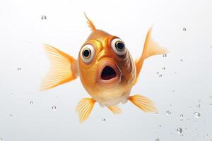 AI generated Cute, surprised fish with large eyes on white background. Ideal for promotions, great deals or offers. Good price, Black Friday, discount. Amazed animal. Generative AI. photo