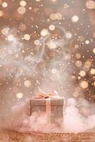 AI generated An enchanting gift box wrapped in glittering paper with a delicate bow, nestled in a cloud of soft smoke against a backdrop of warm bokeh lights, ideal for Women's Day promotions. photo