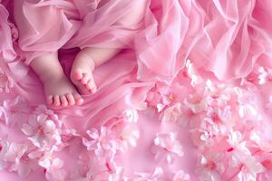 AI generated Pink background with baby feet's and flowers, copy space. It's a girl backdrop with empty space. Baby shower or birthday invitation, party. Baby girl birth announcement. Generative AI. photo