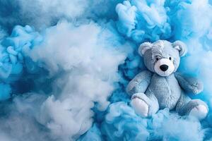 AI generated Blue background with smoke, plush toy and copy space. It's a boy backdrop with empty space for text. Baby shower or birthday invitation, party. Baby boy birth announcement. Generative AI. photo