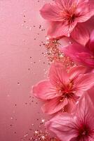 AI generated Pink glittering background with flowers, copy space. Women's Day. It's a girl backdrop with empty space. Baby shower or birthday invitation, party. Baby girl birth announcement. photo