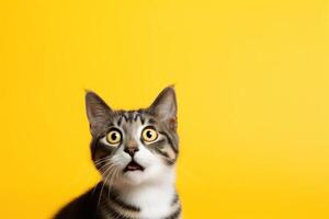 AI generated Cute, surprised cat with large, captivating eyes on yellow background. Ideal for promotions, great deals or offers. Good price, Black Friday, discount. Copy space for text. Amazed pet. photo