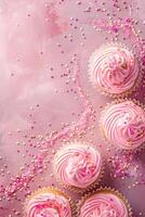 AI generated Pink vertical background with glittering cupcakes, copy space. Womens Day. Its a girl backdrop with empty space. Baby shower or birthday invitation, party. Baby girl birth announcement. photo