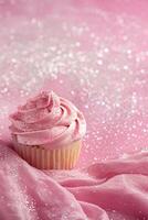 AI generated Pink vertical background with glittering cupcake, copy space. Womens Day. It's a girl backdrop with empty space. Baby shower or birthday invitation, party. Baby girl birth announcement. photo