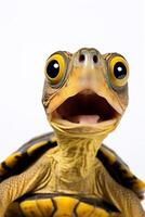 AI generated Cute, surprised turtle with large eyes on white background. Ideal for promotions, great deals or offers. Good price, Black Friday, discount. Copy space for text. Amazed animal. photo