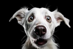 ai generado blanco perro con expresivo ojos en un negro fondo, ideal para mascota promociones, animal comportamiento contenido, humorístico temas, o llamar la atencion anuncios generativo ai. foto