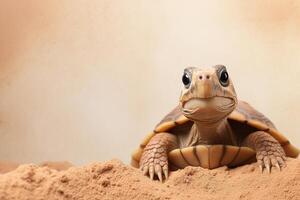 AI generated A curious turtle peeks out over a sandy mound, ideal for nature-themed projects, educational content, and pet care promotions. Space for text photo