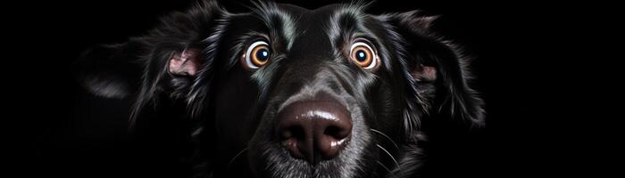 AI generated Cute, surprised dog with large, captivating eyes on black background. Ideal for promotions, great deals or offers. Good price, Black Friday, discount. Amazed pet. Panoramic banner. photo