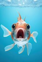 AI generated Cute, surprised fish with large eyes on blue background. Ideal for promotions, great deals or offers. Good price, Black Friday, discount. Amazed animal. Vertical picture. Generative AI. photo