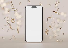 Modern smartphone mockup with blank screen surrounded by festive gold confetti, perfect for app promotion, celebration themes. Surprise, congratulations, holiday. Beige background. 3D. photo