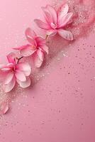 AI generated Pink glittering background with flowers, copy space. Women's Day. It's a girl backdrop with empty space. Baby shower or birthday invitation, party. Baby girl birth announcement. photo