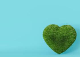 A vibrant green grass heart floats against a serene blue background, symbolizing love for the environment, ideal for Earth Day promotions and eco-friendly campaigns with ample copy space. 3D. photo