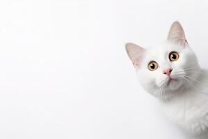 AI generated White surprised cat with large, captivating eyes on white background. Ideal for promotions, great deals or offers. Good price, Black Friday, discount. Copy space for text. Amazed pet. photo