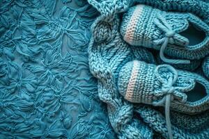 AI generated Blue background with knitted baby shoes and copy space. It's a boy backdrop with empty space for text. Baby boy birth announcement. Generative AI. photo