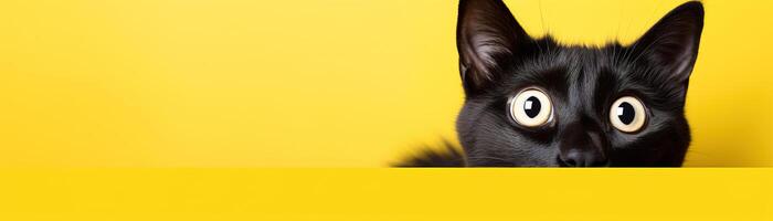 ai generado cautivador negro gato en contra negrita amarillo fondo, Perfecto para llamativo anuncios, especial promociones, o creativo proyectos Copiar espacio para texto. panorámico bandera. foto