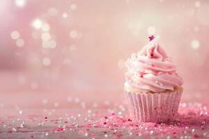 AI generated Delicate pink cupcake with glittering sprinkles, perfect for girl baby showers, birthday parties, or dessert marketing. Features ample space for custom text. Generative AI. photo