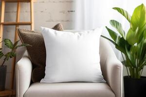 AI generated Cozy living room scene with a white square pillow. Blank cushion case template for your graphic design presentation. Pillow cover mock up for print, personalized illustration. Close-up. photo