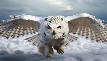 AI generated Snowy owl flying in the sky, spreading wings, looking at camera generated by AI photo