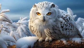 AI generated Majestic bird of prey perching on snowy branch, staring intensely generated by AI photo