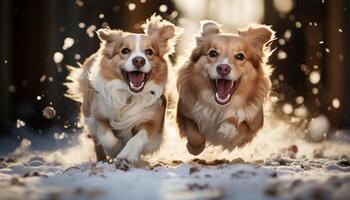 ai generado linda perrito jugando en el nieve, de pura raza perro teniendo divertido generado por ai foto
