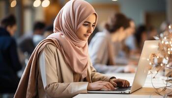 AI generated Young adults, both men and women, sitting indoors, working on laptops The young women, some wearing hijabs, are smiling while looking at the camera The focus is on the foreground photo