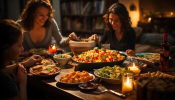 ai generado hombres y mujer sonriente, disfrutando un comida adentro juntos generado por ai foto