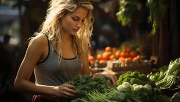 ai generado uno mujer elegir Fresco verduras, disfrutando sano comiendo al aire libre generado por ai foto