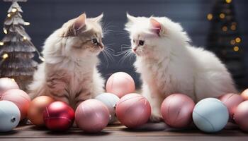 ai generado linda gatito jugando con juguete, rodeado por festivo decoraciones generado por ai foto