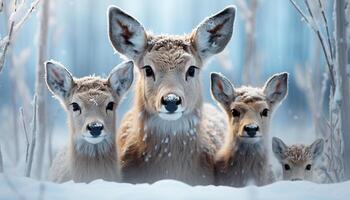 ai generado linda joven ciervo en invierno bosque, mirando a cámara generado por ai foto