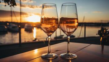 AI generated Romantic sunset, champagne drink, luxury yacht, relaxation, nature reflection generated by AI photo