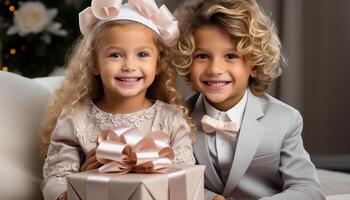 AI generated Smiling Caucasian girls, cute celebration, family love, joyful Christmas present generated by AI photo