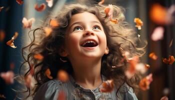 ai generado sonriente, alegre niña disfruta juguetón naturaleza, despreocupado la risa al aire libre generado por ai foto