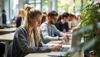 ai generado joven adultos trabajando adentro, sentado a escritorios, utilizando laptops y ordenadores un diverso grupo de hombres y mujer foto