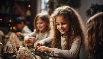 ai generado sonriente muchachas decorando Navidad árbol, familia celebracion, alegre unión generado por ai foto