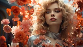AI generated Young woman with blond hair and curly hairstyle, looking at camera, surrounded by nature beauty generated by AI photo