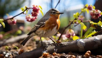 AI generated A cute tit perching on a branch, surrounded by colorful flowers generated by AI photo