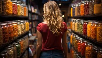 ai generado uno mujer elegir comestibles en un supermercado Tienda generado por ai foto