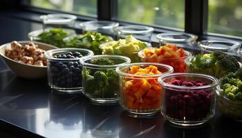 ai generado fresco, sano ensalada un variación de vegetales en un verde mesa generado por ai foto