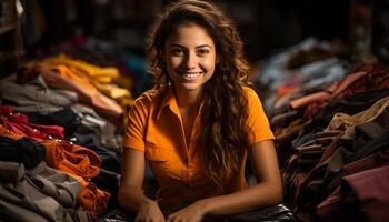 ai generado joven mujer sonriente, mirando a cámara, elegir ropa en boutique generado por ai foto