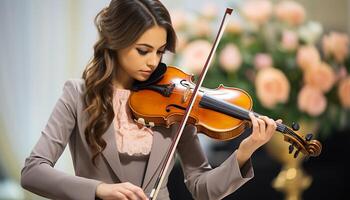 ai generado joven adulto mujer músico jugando violín con concentración y habilidad generado por ai foto